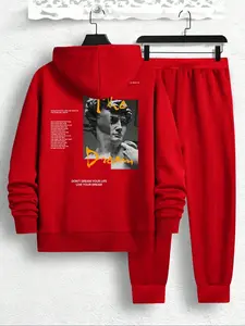 Men's Fleece Jogger Set, Hooded Sweatshirt & Drawstring Pants, Casual Winter, Fashion Print Design, Comfortable Daily Wear