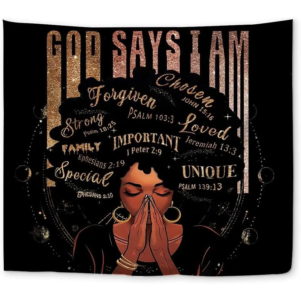 Black Girl Adult Fashion Polyester Tapestry - 59w by 51h Inch Rectangular Durable Wall Hanging with Bible Verse, Inspirational Motivational Home Decor, Machine Washable Good Gift for Bedroom Living Room, Hangable, Bible Verses, Room Art