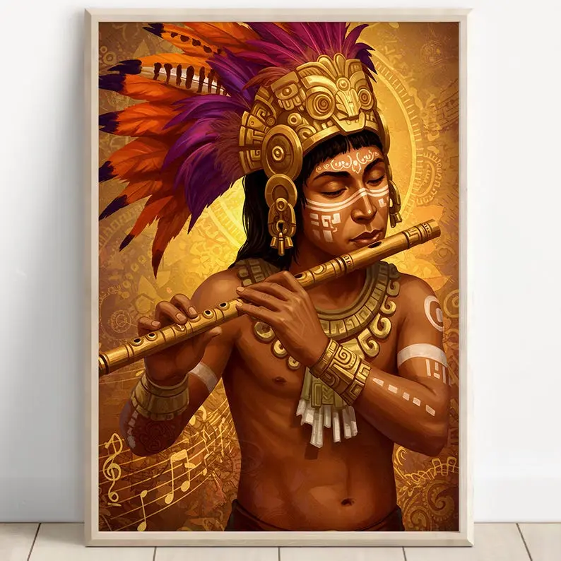 Aztec Wall Art, Xochipilli Art, Aztec God of Art and Music Decor, Aztec Mythology Artwork, Mexican Aztec Art, God of Flowers and Creativity 24x36inch(60x90cm) Unframe Canvas Poster Colorful Gifts Room Decoration Ornaments Artistic Print Photo