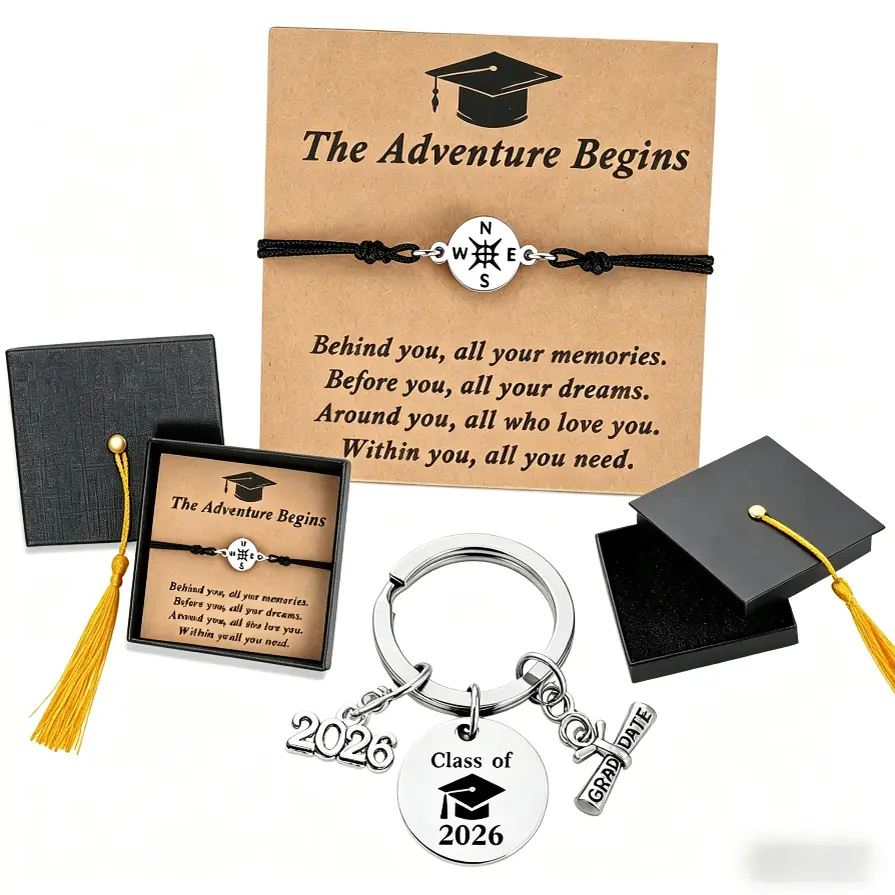 Class of 2026 Graduation Gift Set – Stainless Steel Charm Bracelet & Keychain Combo for Her Him, Cool Teen Girl Boy Senior Nurse Daughter Student