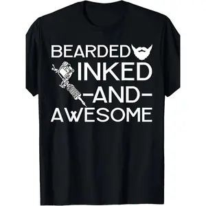 Bearded Inked And Awesome Men Beard Tattoo Lover T-Shirt-100% Cotton graphic tee men's t shirts