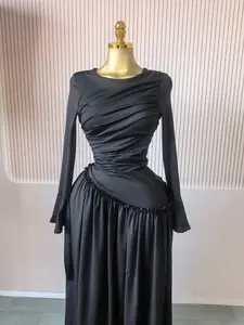 QFAF Women's Ruched Asymmetrical Waist O-neck Pleated Dress, Flounce Long Sleeve A Line Dress for Party Holiday Wedding Guest, Ladies Clothes, Womenswear, Floor Length Cocktail Dress Clothing