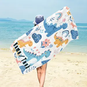 1pc Customize Name/Text, Cute Dinosaurs with Flowers And Clouds Pattern Beach Towel - Soft, Absorbent, Lightweight & Quick-Dry, Perfect Used for Beach, Pool, Travel, Camping, Yoga, , Sunbathing, Adult Gifts for Family or Friends.