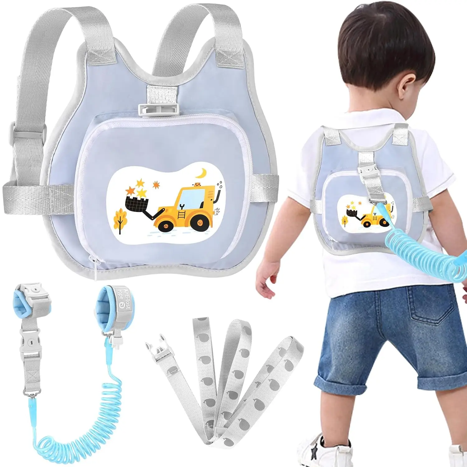 Toddler Anti-Lost Harness Leash Set with Breathable Mesh, Adjustable Excavator Print, Key-Lock Design, Silky Zipper Collapsible Anti-Lost Link for Outdoor Travel, Baby Boys’ Walking Assistant Strap Protector
