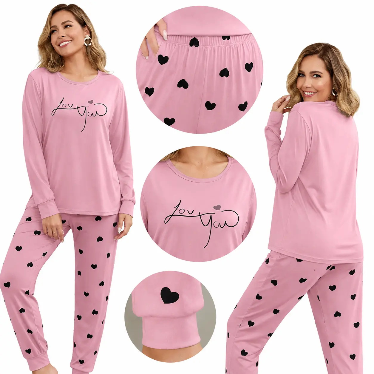 LUNA NOIE Women's Pink Heart Pajama Set, Love You Graphic Long Sleeve Crewneck Top & Printed Jogger Pants, 2-Piece Matching Sleepwear for Valentine's Day, Pajama Parties & Home Lounging