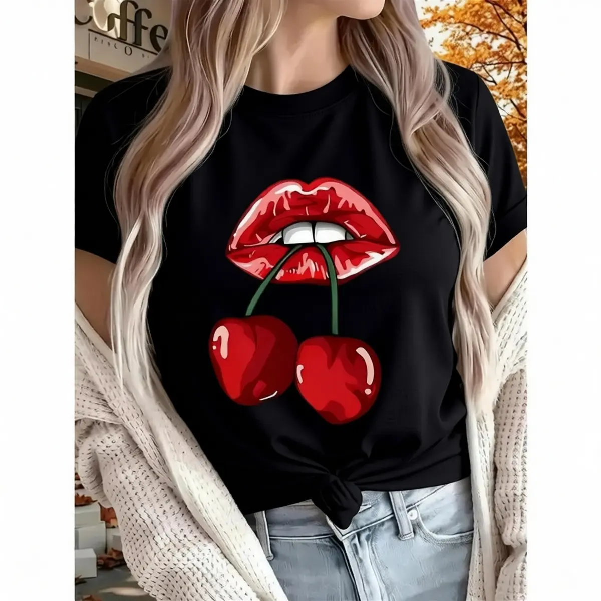 Women's T-Shirt with Cherry Print, Casual Short Sleeve Cotton Top for Summer Beach Days, Club & Daily Wear, Tshirt
