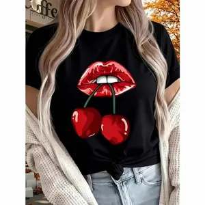 Cherry Print Women's Short Sleeve T Shirt Suitable for Four Seasons Outdoor Home and Sports Top Gift