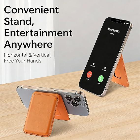 MagSafe Wallet, Card Holder Fit 1-2 Cards, Strong Magnetic Phone Stand with Angle Adjustment, Vegan Leather Phone Wallet for iPhone 17/16/15/14/13/12 Series, Orange Blank Brown White Pink