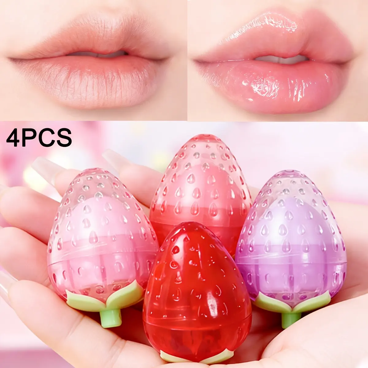4Pcs Glossy Strawberry Lip Balm Makeup Set Long Lasting Hydrating Lipstick Moisturizing Natural Smooth Lip Gloss Portable Pocket Size Lip Care Non Sticky Cosmetic
