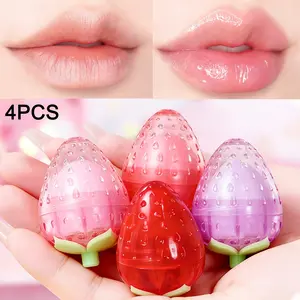 4Pcs Glossy Strawberry Lip Balm Makeup Set Long Lasting Hydrating Lipstick Moisturizing Natural Smooth Lip Gloss Portable Pocket Size Lip Care Non Sticky Cosmetic