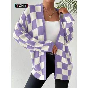 Women's Checkerboard Print Drop Shoulder Cardigan, Casual Fit Long Sleeve Open Front Knitwear for Fall & Winter, Women's Knit Clothing for Daily Wear Garments Knitted