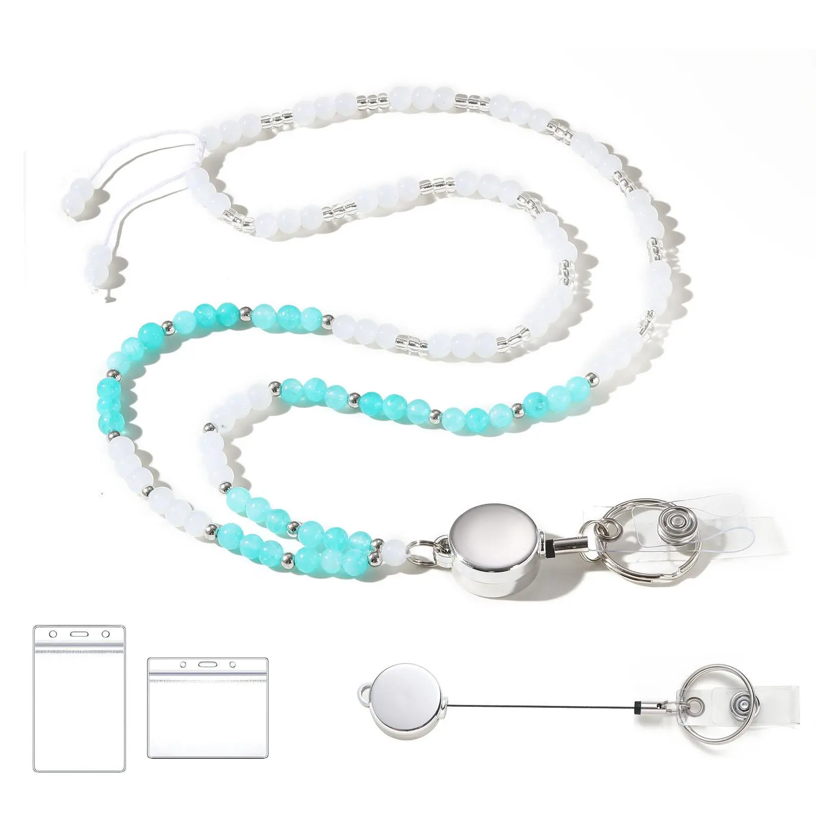 Natural Stone Bead ID Lanyard Set, Including 1 Lanyard with Retractable Badge Clip & 2 Clear Card Holder, Identification Badges & Supplies, Id Badge Holders Retractable