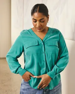 Cooling Stretch Cupro Button-Down Blouse - Green Tourmaline