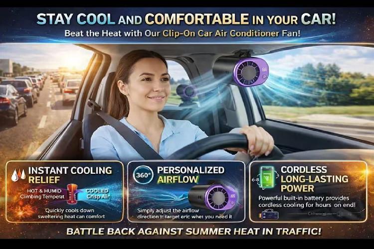2026 New Car Clip On Air Conditioner Fan with LED Display - 360° Rotation, Portable Mini Cooling System for Auto Vehicle USB Rechargeable, 199 Speeds Adjustable, 16℃ Semi-Cooling Wide Clamp orange