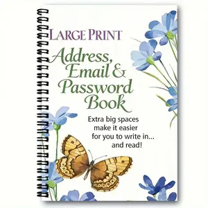 1pcs 35 page A5(8.6in*5.7in) Notebook, Spiral Notebook Journal, Fun Spiral Password Book - Large Print, Big Spaces for Easy Writing & Reading, Spiral Bound with Blue Flowers Design, White Cover