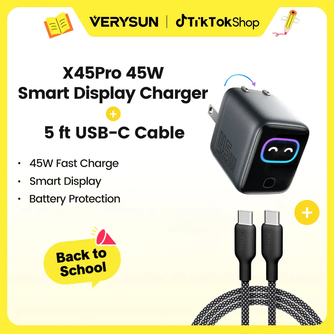Verysun Smart Display 45W Fast Charger with LED Screen, 5ft USB-C to USB-C Cable included, for iPhone, iPad, MacBook, Other Device, Switchable Charging Modes for Battery Health, Device Detection, Emoji Animation, Compact Foldable Plug, 4 Button Functions