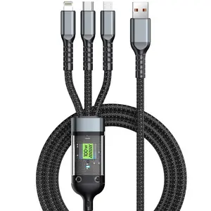 3 in 1 100w Fast Charging Cable 4FT USB Transparent Luminous 100w Super Fast Charging Cable with LED Indicator, Durable Nylon braiding, Compatible With iPhone 14 13, Samsung, LG, Google Xiaomi Cellphone smartphone and more Type-C devices