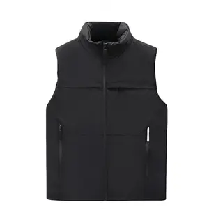 Men's Trendy Black Functional Cotton Vest - Stand Collar, Multi-Pocket Style, Perfect for Winter Daily Casual & Outdoor Wear