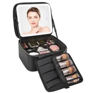 Makeup Travel Train Case with Mirror LED Light 3 Adjustable Brightness Large Cosmetic Bag Portable Storage Adjustable Partition Waterproof Makeup Brushes Make up Jewelry Gift for Women