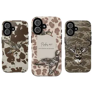A Phone Case Set Featuring A Camouflage Duck And Deer Pattern, And A Beige Leopard Print Cowhide. God Is In Her, She Will Not Fail. Images Of Flying Ducks, Deer, Deer Antlers, Hunters, Rustic Style, Outdoors, Faith, Nature