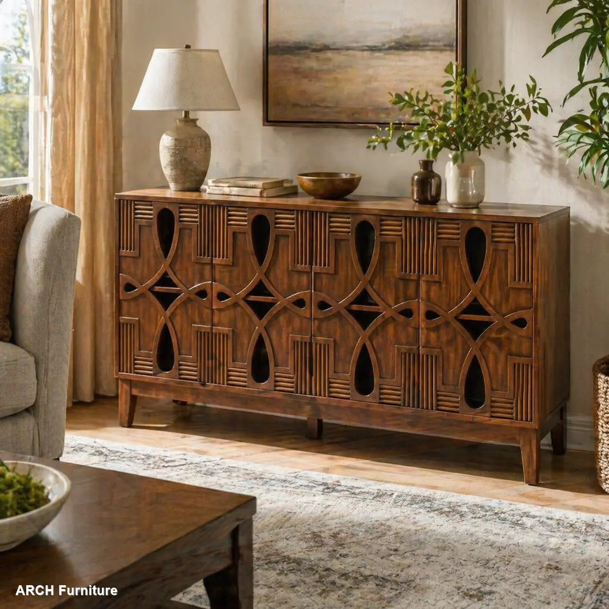 60.5" Walnut Wood Waterproof Vintage Rustic Mid-Century Modern Sideboard Buffets Cabinet - 4 Doors, Adjustable Shelves, Built-In Outlets, Openwork Cutout, Large Storage, Quick Setup for Living Room, Kitchen Eco-Conscious Media Console, Assembly Required