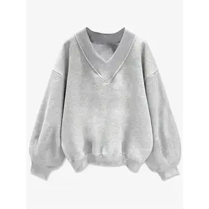 Women’s V-neck sweatshirt with a drop-shoulder design—fashionable and casual essential, solid-color long-sleeve V-neck, suitable for travel, vacations, streetwear, and campus wear