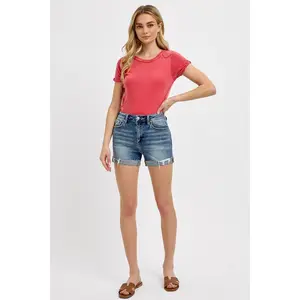 Medium Wash High Rise Ripped Shorts