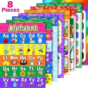 Multifunctional Educational Preschool Posters 8 Educational Preschool Poster for Toddler and Kid Learning with 60 Glue Point Dot for Nursery Preschool Homeschool Kindergarten Classroom Teach Number Alphabet Color Month and More 16 x 11 Inch