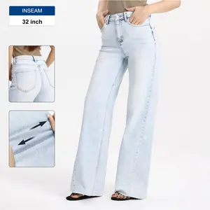 Premium High Waisted Wide Leg Jeans - Mega Stretch Light Wash Denim with Trendy Raw Hem - Comfortable Fit for All Day Wear Streetwear StreetwearComfy Jeans
