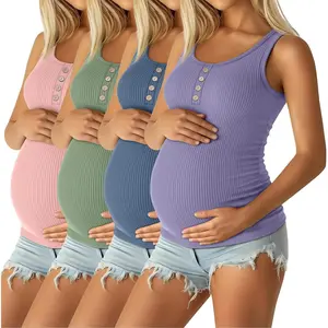 4 Pack Women's Maternity Tank Tops Henley Cotton Scoop Neck Shirt Ribbed Side Ruched Sleeveless Pregnancy Clothes