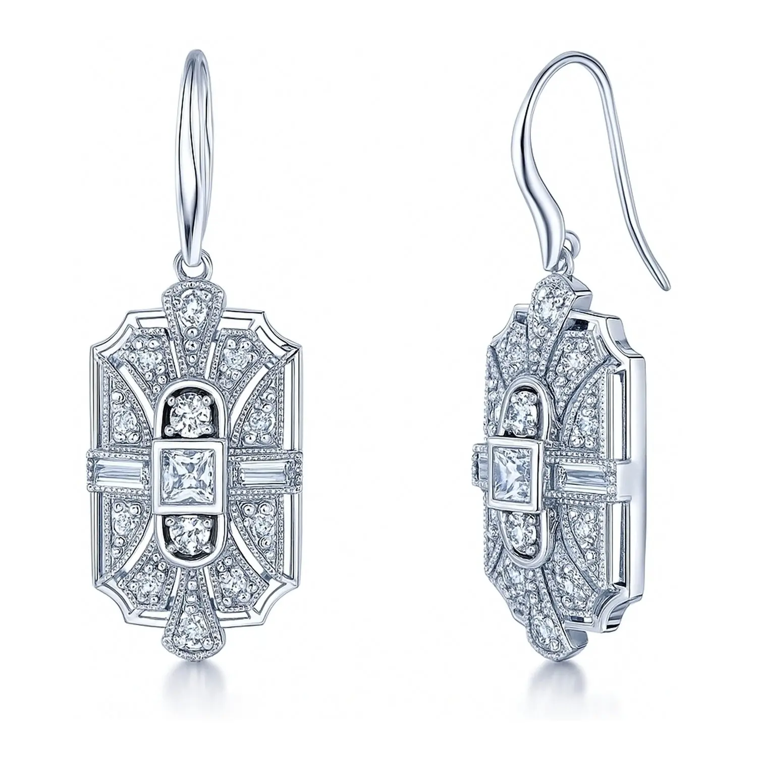 BERRICLE Sterling Silver Art Deco Milgrain Statement Chunky Fish Hook Drop Dangle Earrings for Women, Cubic Zirconia CZ