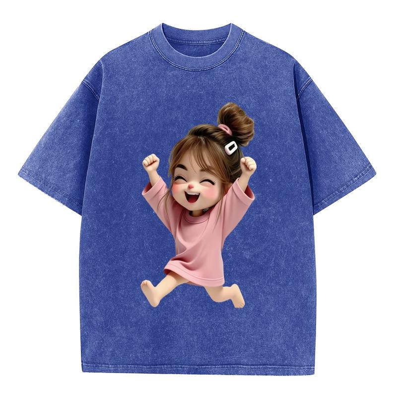 Women's Acid Wash Oversized T-Shirts - Plus Size Combed Cotton Short Sleeve Tops with Cute Jumping Girl Graphic Print Crew Neck Curvy Tees
