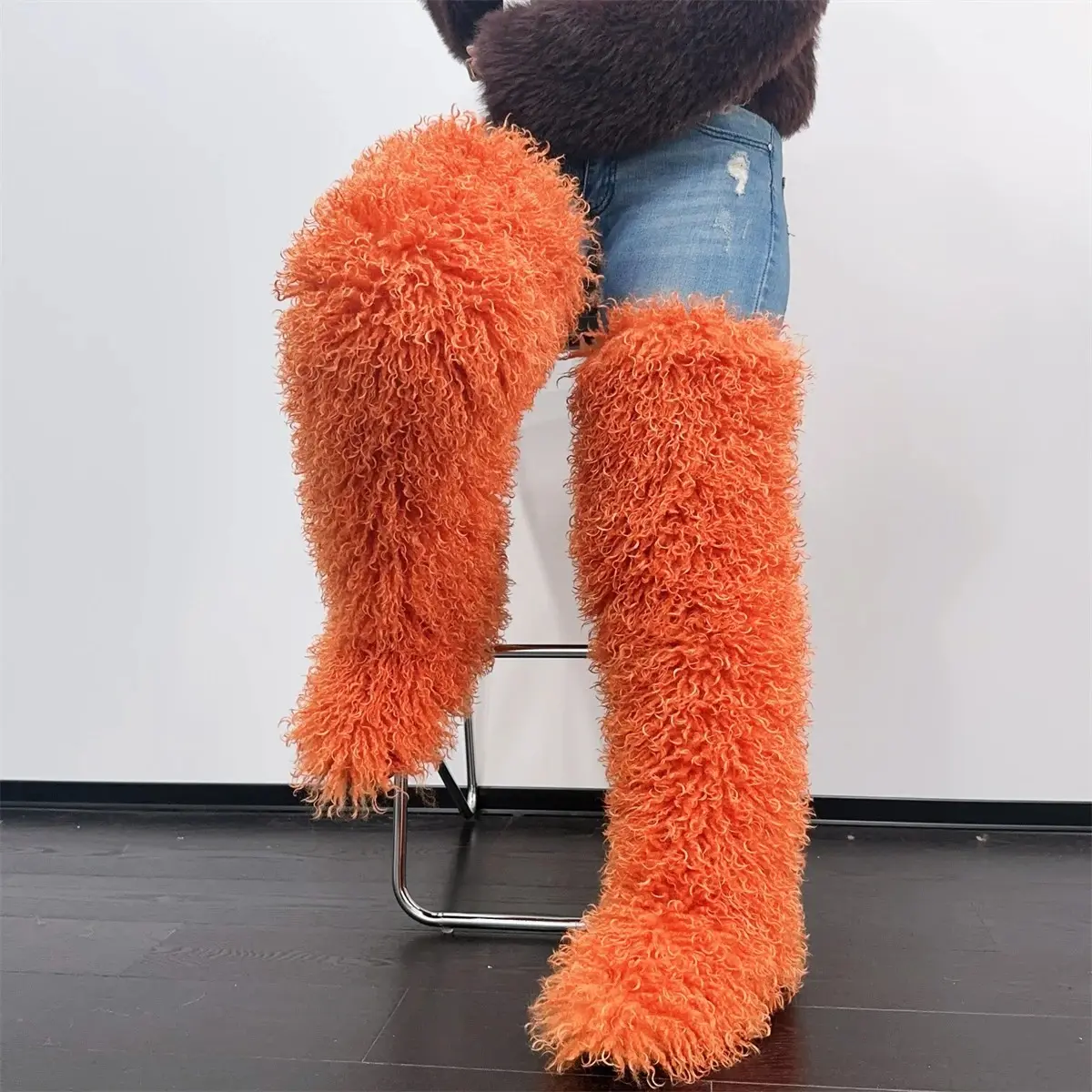 Thigh High Mongolian Fur Boots Orange Fluffy Warm Women's Winter Shoes for Fall/Winter Wear