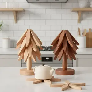 Wooden Tree Shaped Coaster Set, Including 3/4 Heat Resistant Coaster & 1 Holder, Coaster for Teapot Hot Pots, Wooden Coasters, Kitchen Accessories