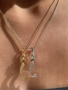 Mermaid Pendant Cute Beach Necklace, Luxurious Rhinestone Elegance, Versatile Metal Jewelry for Women, Stylish Everyday Accessory