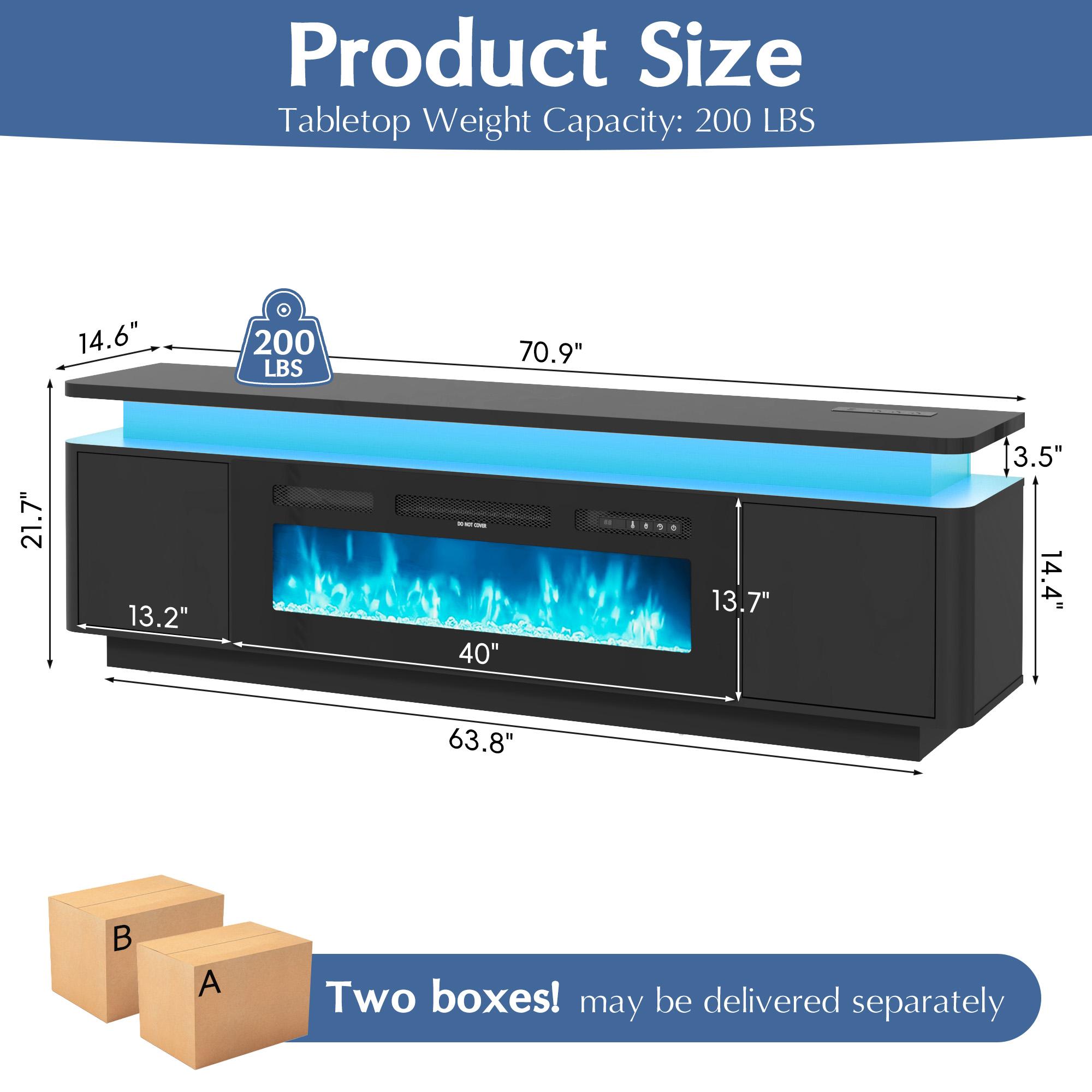 71" High-Gloss TV Stand - 36" Electric LED Flame Entertainment Center, Furniture for Apartments, Fits TVs Up to 80"