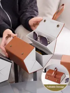 Vintage Leather Folding Sunglasses Case, Portable Multi-Compartment Organizer, Scratch-Resistant Travel Eyewear Storage Box