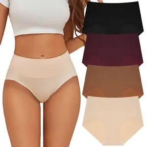 FINETOO Women's High Waist Seamless Underwear Plus Size Brief No Show Elastic Comfortable Panties 4 Pack S-XXXL Springtok  Tummy Control Soft Nylon Spandex Blend - Womenswear