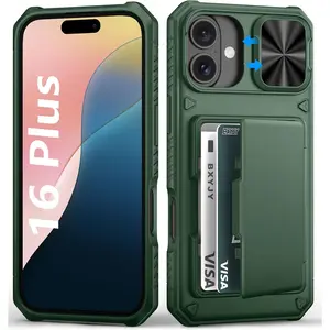 For Iphone 16 plus Wallet Case, Built-In Credit Card Holder (4-5 Cards), Slide Camera Cover, Military Drop & RFID Protection, Rugged Heavy Duty Women Men Phone Case for Iphone 16 Plus, Green BXYJY