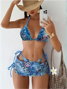 Women's Leopard Print Bikini Set, Sexy Triangle Cup Swimsuit with Bow Tie, Casual Pool Party Beachwear, Three-Piece Bathing Suit