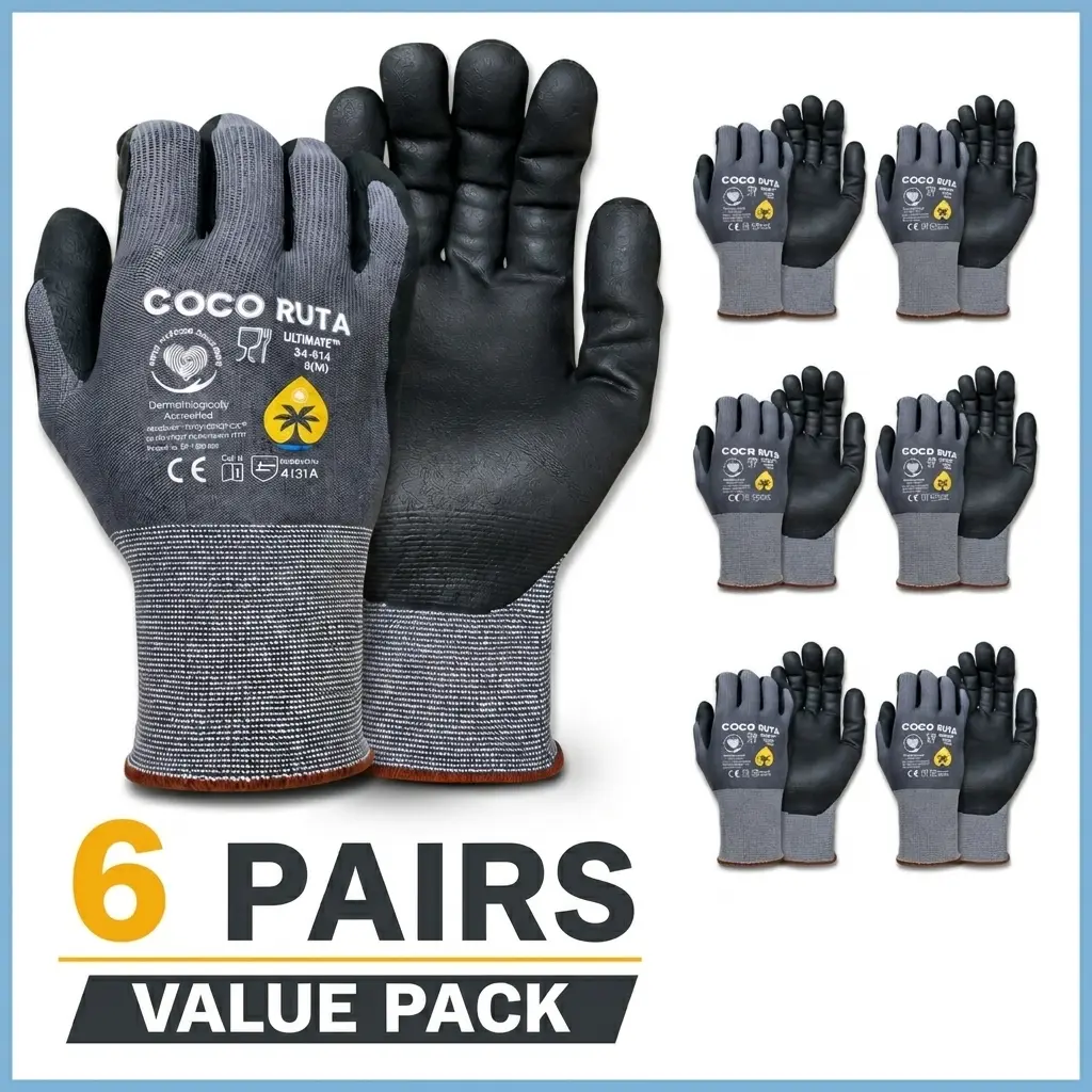COCO RUTA Work Gloves for Men – 12,24 Pairs, Nitrile Micro-Foam Grip, Breathable, Comfortable Fit for Construction & Industrial Work