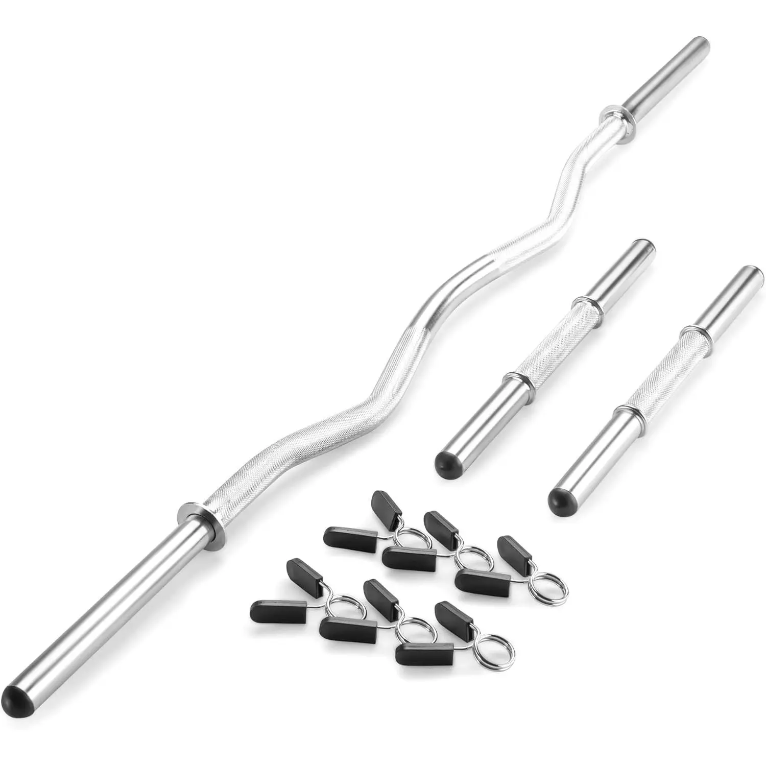 Adjustable Chrome Steel Barbell & Dumbbell Set, 47" Curl Bar & 14" Handles for 1-Inch Plates, Kit with Non-Slip Grip & Secure Clips, Barbell Bar, One-Inch Plates