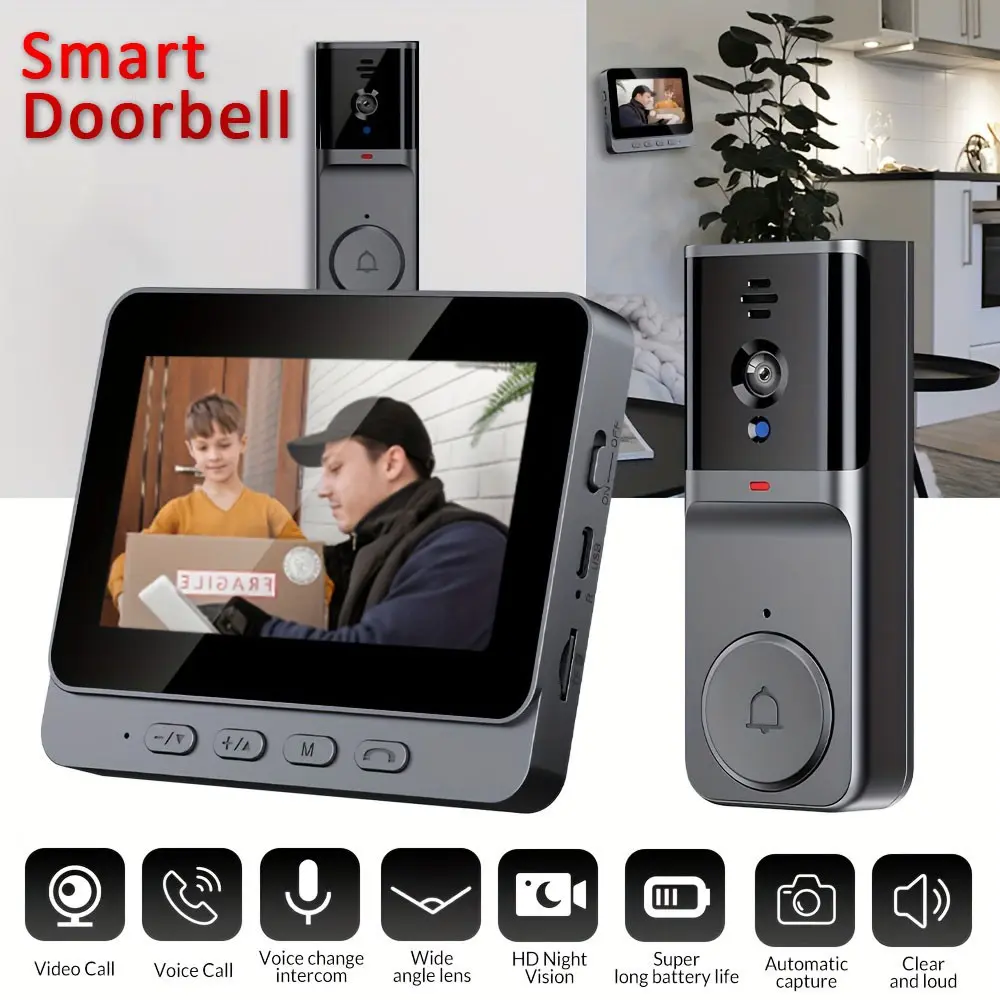 Wireless Video Doorbell with Screen - Wireless Smart Doorbell Video Intercom, No WiFi/APP Required, Two-Way Talk, Night Vision, Rechargeable Battery, Easy Install for Home Security & Apartment Door, Wireless Intercom System, Intercoms Wireless for Home