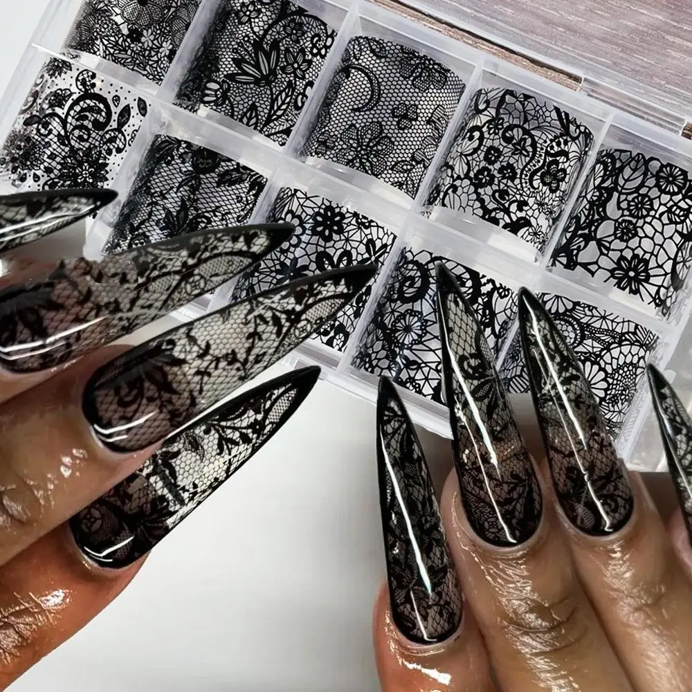 10Rolls/box White&Black Sexy Lace Flowers Nail Art Foils 4x25cm Lace Transfer Foils Starry Sky Paper DIY Women Lace Slider&*&