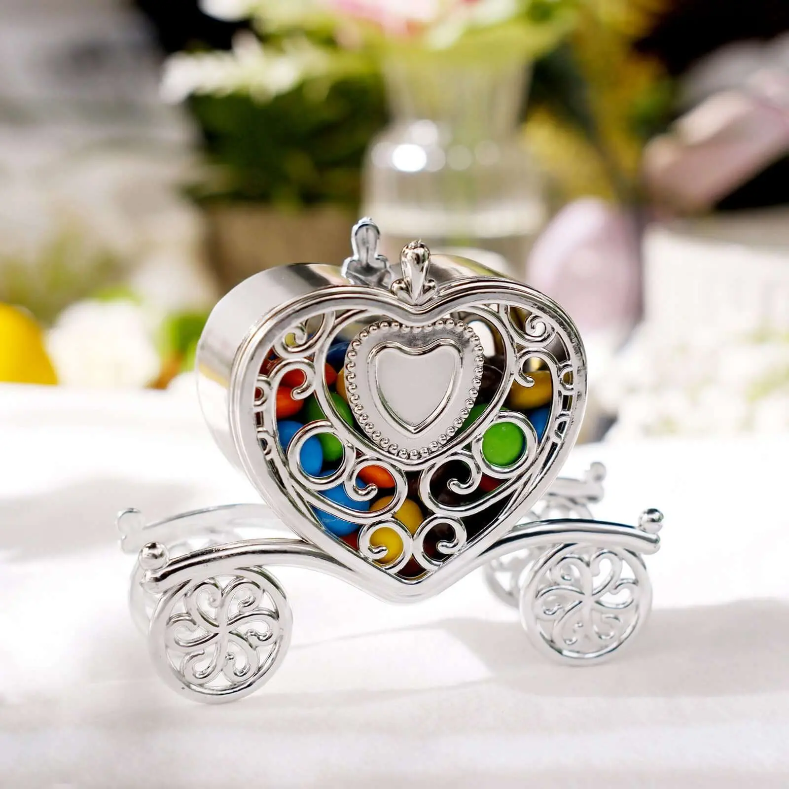 12-Pack 4" Silver Heart Carriage Candy Containers, Beautiful Themed Gift Boxes for Office & Event Packaging, Party Favors & Treats, Beautiful Gift Box, Gift Packaging Box