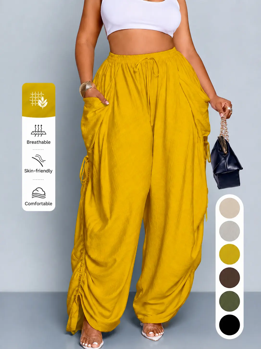 Women's Comfortable Everyday Casual Loose-Fit Wide Leg Pants - Plus Size High-Waisted Woven Trousers with Knotted Tie Waist, Pockets, Adjustable Side Drawstrings for Daily Commute, Vacation Wear, Women's Clothes, Plus Size Fashion, Pants For Women