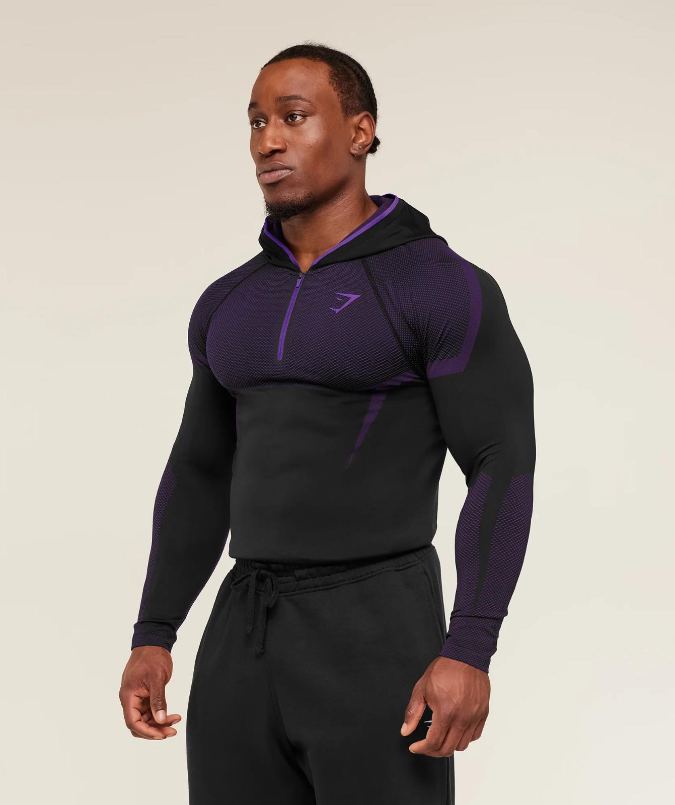 ONYX 5.0 Seamless Hoodie - Black/Athletic Purple Men's Fitted Athletic Hoodie for Workout ONYX 5.0 Seamless Hoodie - Black/Athletic Purple Men's Fitted Athletic Hoodie for Workout