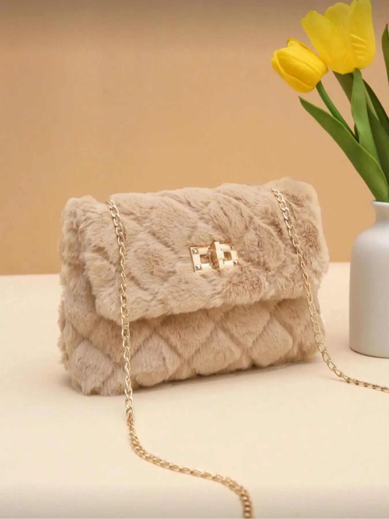 Women New Plush Crossbody Bag Fluffy Material Fashion Casual Crossbody Versatile Chain Shoulder Bag Plush Fluffy Lock Square Bag Perfect Match Autumn Women's Clothing Fashionable Crossbody Bag