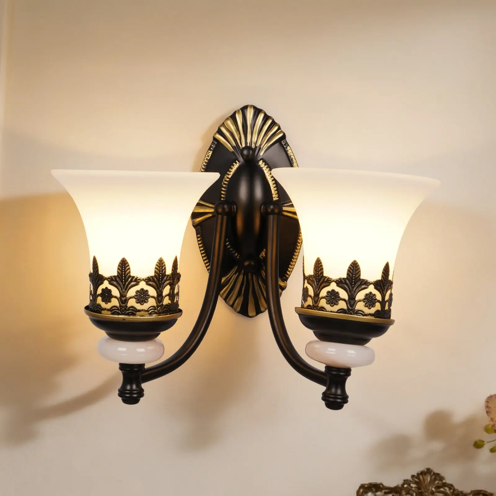 14.1 Inch Black Vintage 2-Light Wall Sconce, Frosted Glass Shade, Wall Mount Lamp for Bedside Hallway Living Room Bedroom Study