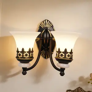 14.1 Inch Black Vintage 2-Light Wall Sconce, Frosted Glass Shade, Wall Mount Lamp for Bedside Hallway Living Room Bedroom Study